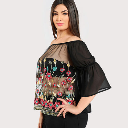 Plus Size Black Floral Chiffon Sexy Blouse